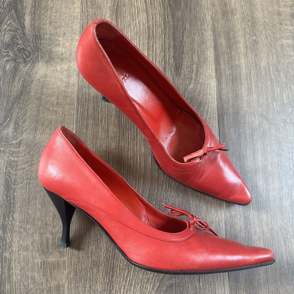 Vintage Y2K Furla Red Italian Leather Pointed Toe Stiletto Pumps Size 37 6.5